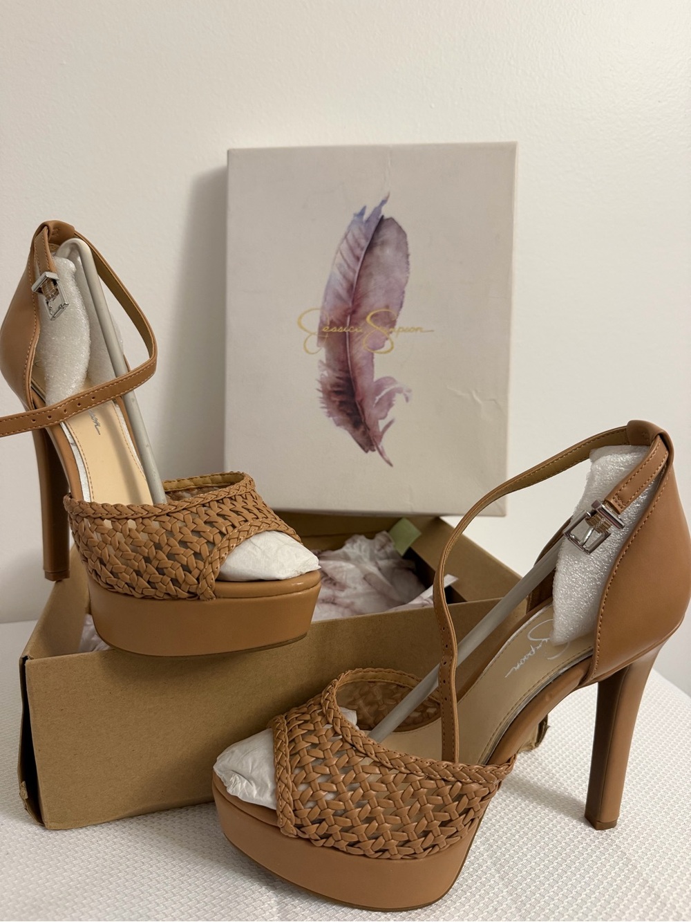 Jessica Simpson Tan Woven Platform w/Ankle Strap Stilettos